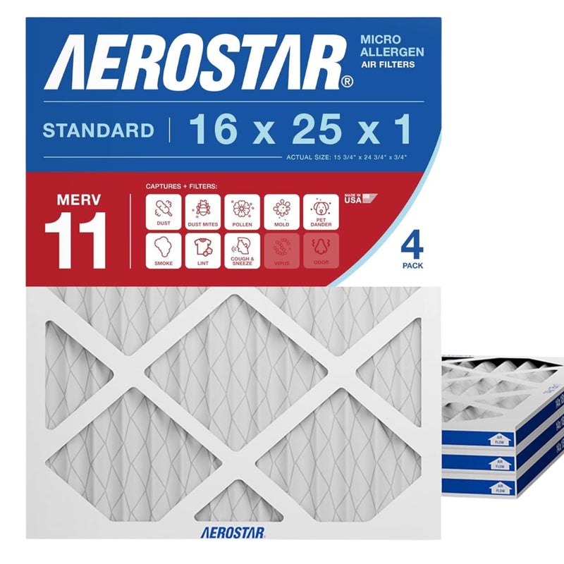 Aerostar 16x25x1 MERV 11 Air Filter, 4 Count, ACTUAL SIZE (15.75 x 24.75 x 0.75), HVAC, Air Conditioning & Furnace Filter for Dust, Pet Dander, Smoke & Allergies (MPR 1200 / FPR 7), Made in USA - Image 1